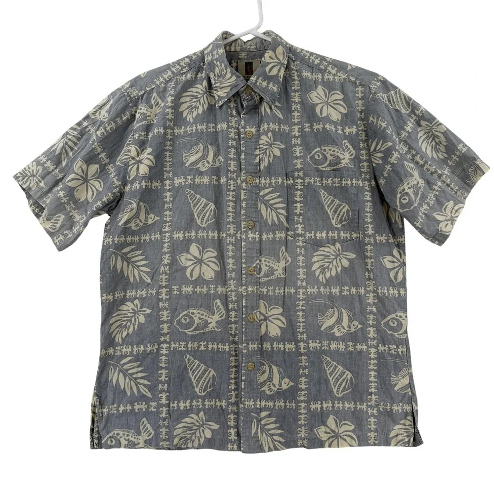 Tori Richard Shirt Mens Medium Gray Hawaiian Fish Short Sleeve Button Up USA‎